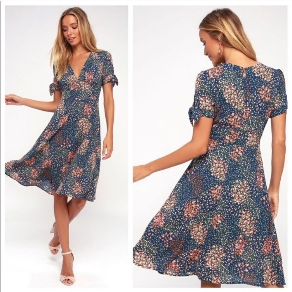 Lulus Austyn Navy Blue Floral Print‎ Tie-Sleeve Boho Western Sexy Midi Dress XS